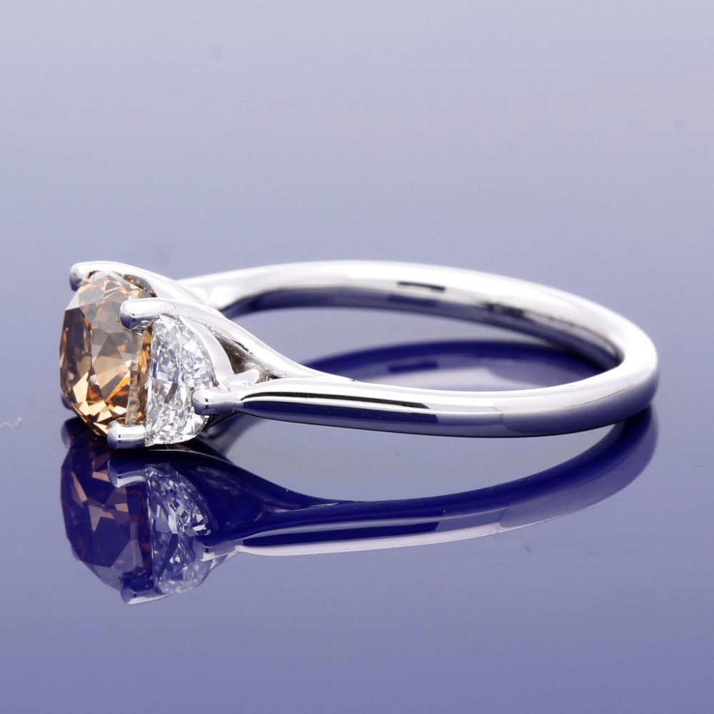18ct White Gold Trilogy Ring with Certificated Natural Cognac 1.73ct Diamond and Half Moon Diamonds