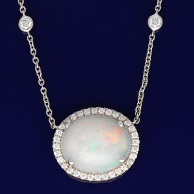 18ct White Gold Opal and Diamond Cluster Necklace - GoldArts