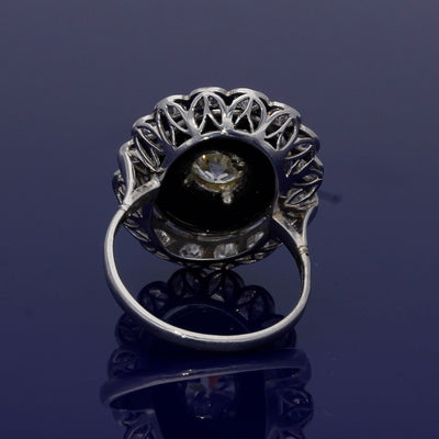 Art Deco Inspired Old Cut Diamond and Onyx Cluster Ring