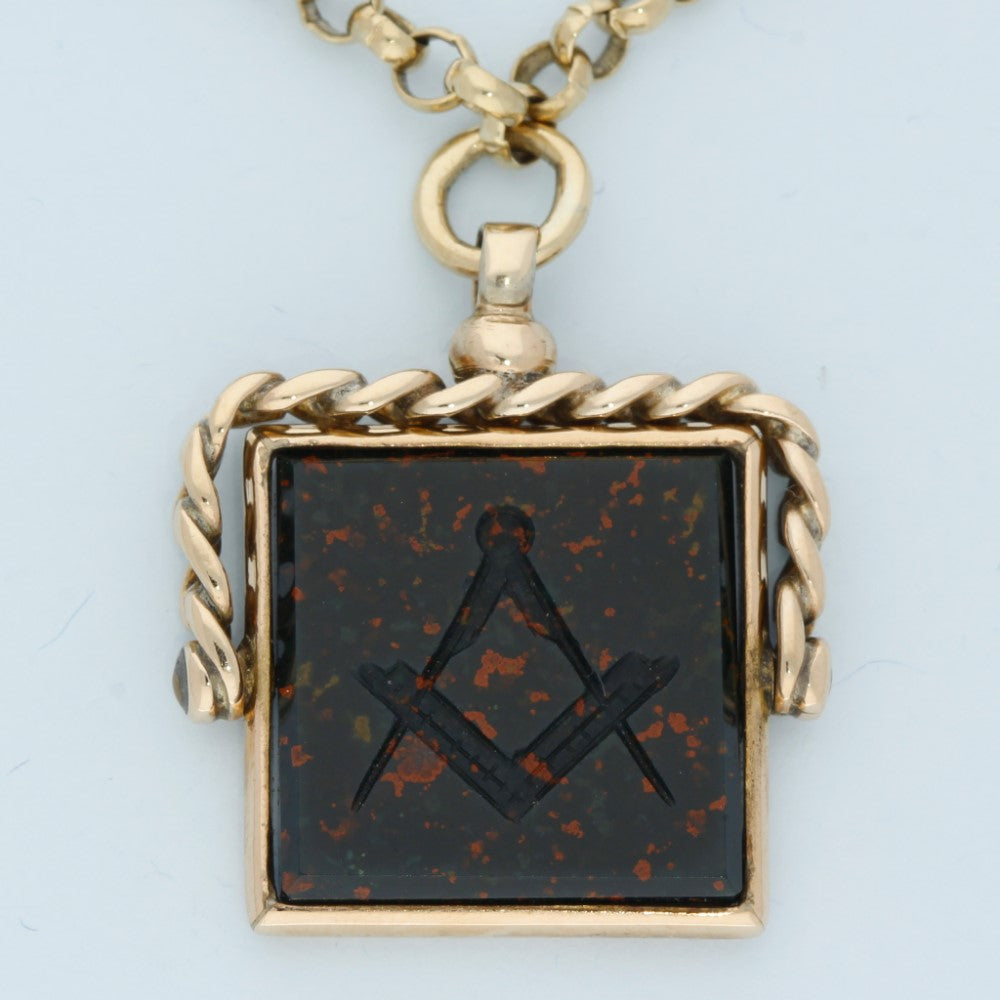 Vintage Masonic Engraved Bloodstone Seal Fob with 9ct Chain