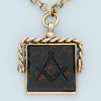 Vintage Masonic Engraved Bloodstone Seal Fob with 9ct Chain
