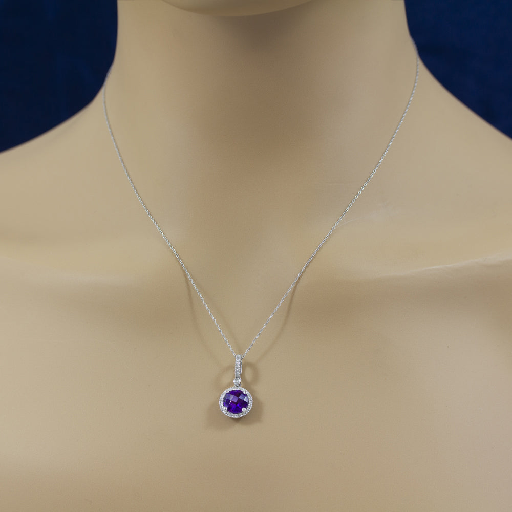 14ct White Gold Round Amethyst and Diamond Halo Pendant Necklace