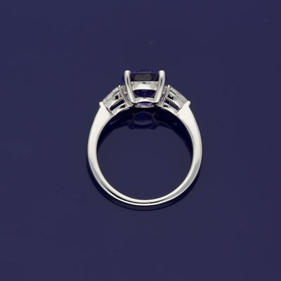 18ct White Gold Trilogy Ring with 3ct Tanzanite and Pear Shape Diamond Shoulders