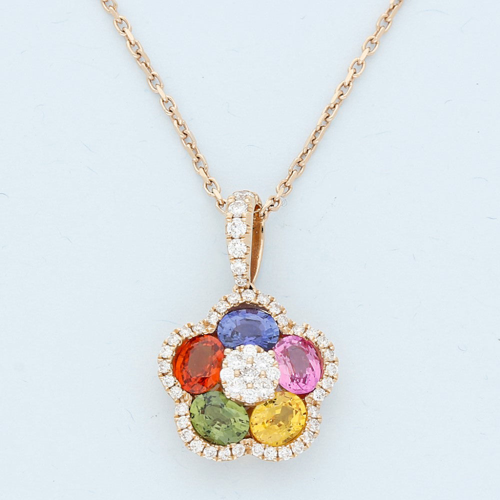 18ct Rose Gold Rainbow Sapphire & Diamond Flower Necklace