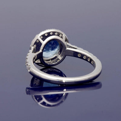 18ct White Gold Aquamarine and Diamond Halo Cluster Ring with Diamond Set Shoulders - GoldArts