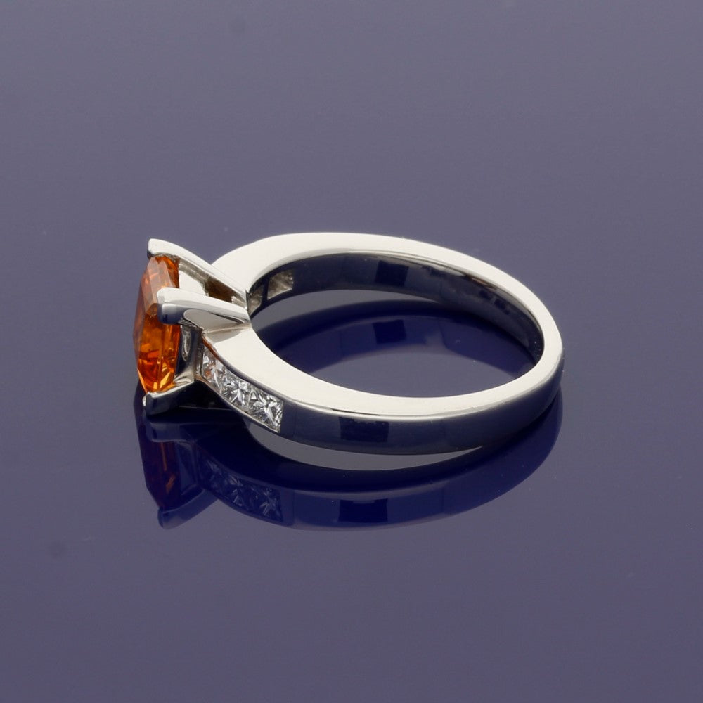 Platinum Spessartine Orange Garnet Ring with Princess Cut Diamonds