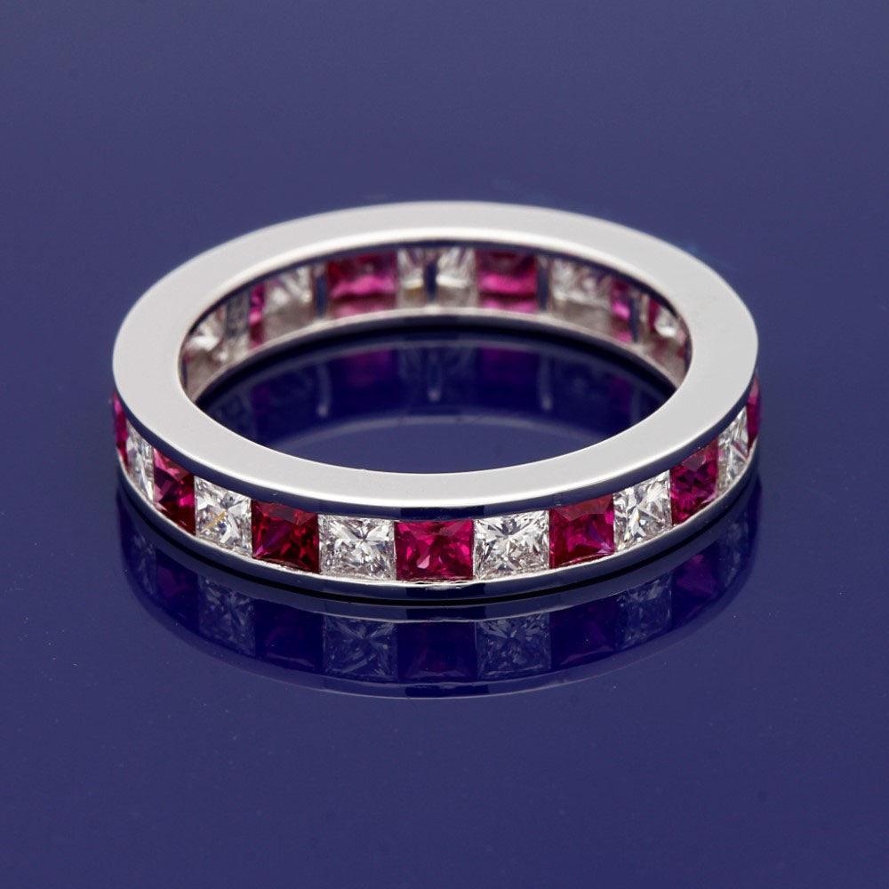 18ct White Gold Channel Set Princess Cut Ruby and Diamond Full Eternity Ring - GoldArts