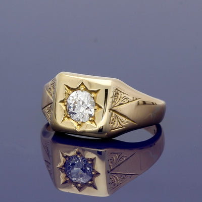 Vintage 14ct Yellow Gold Signet Ring With Old Cut Diamond