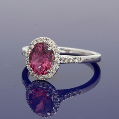 18ct White Gold Pink Tourmaline and Diamond Oval Cluster Ring - GoldArts