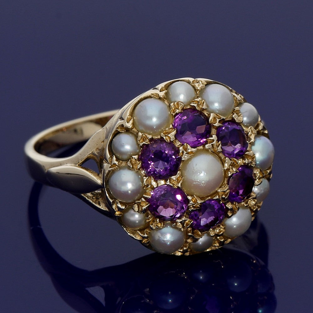 9ct Yellow Gold Amethyst and Seed Pearl Cluster Dress Ring