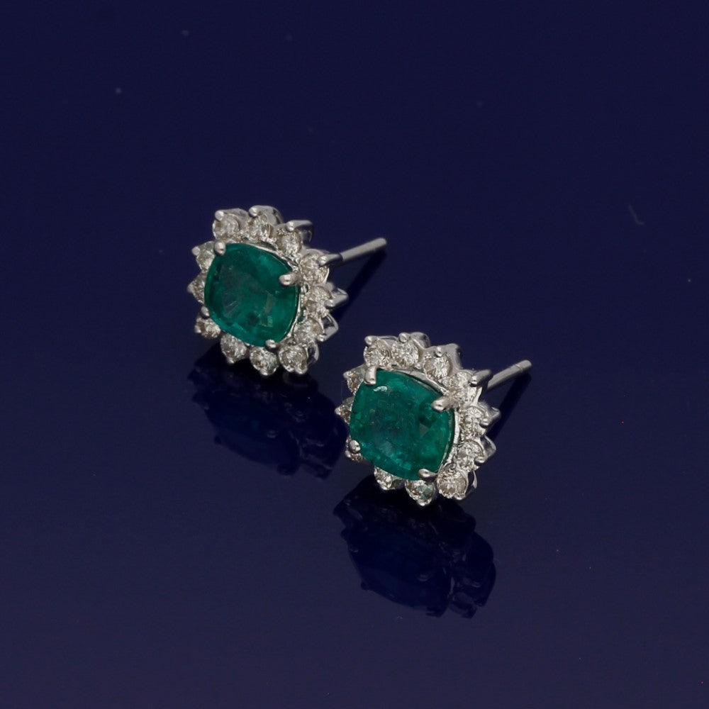 14ct White Gold Emerald & Diamond Cluster Earrings - GoldArts