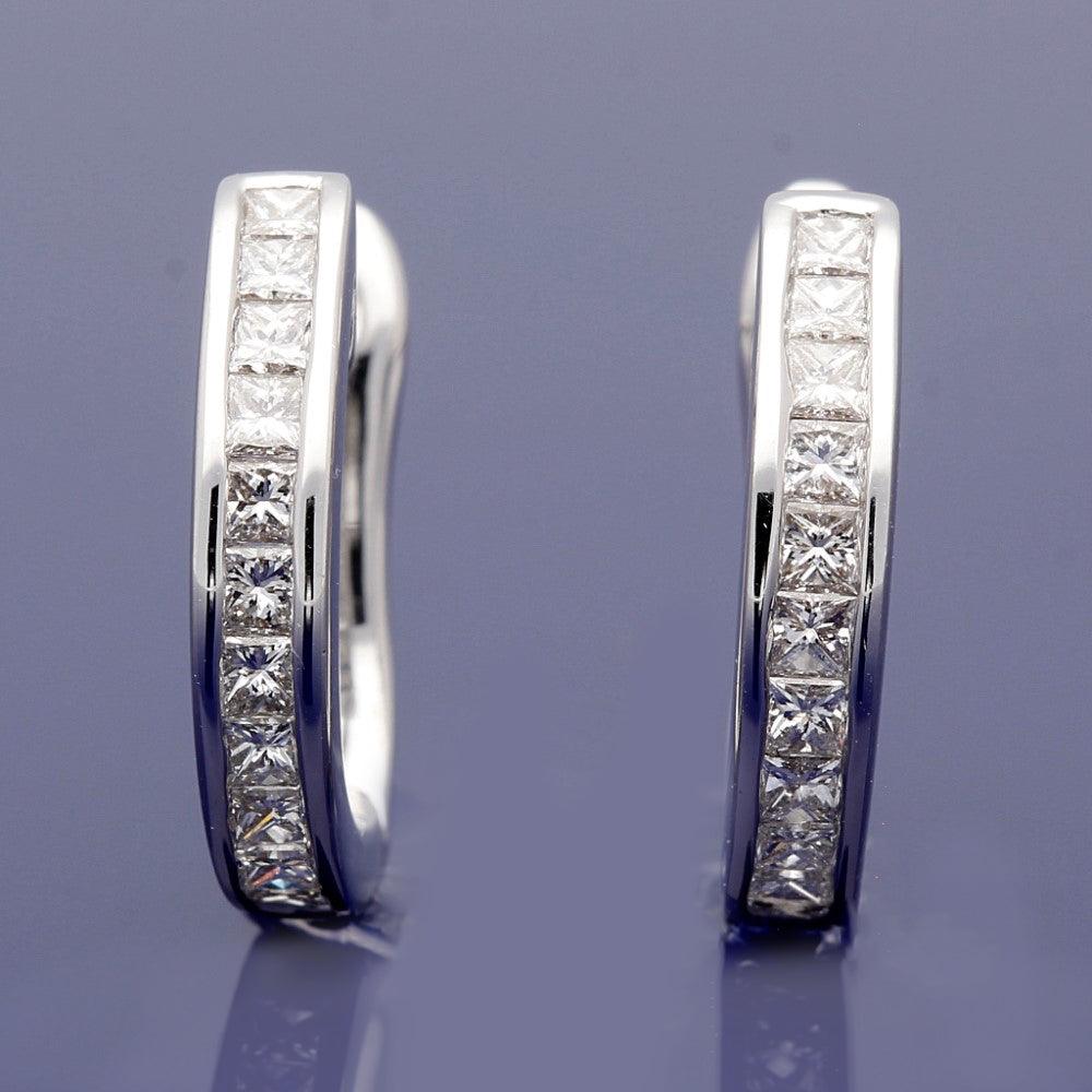 18ct White Gold Channel Set 0.60ct Princess Cut Diamond Hoop Earrings 15mm - GoldArts