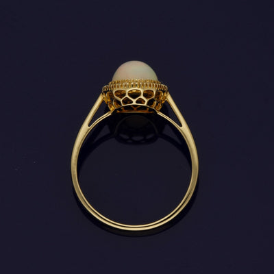 18ct Yellow Gold Oval Opal and Diamond Halo Cluster Ring