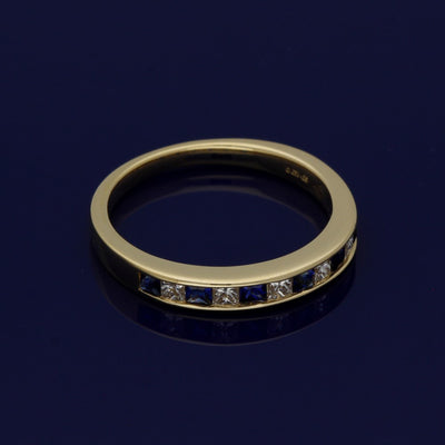 18ct Yellow Gold Sapphire & Princess Cut Diamond Half Eternity Ring
