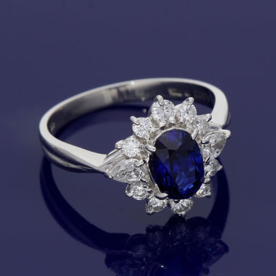 Platinum Oval Sapphire and Diamond Cluster Ring