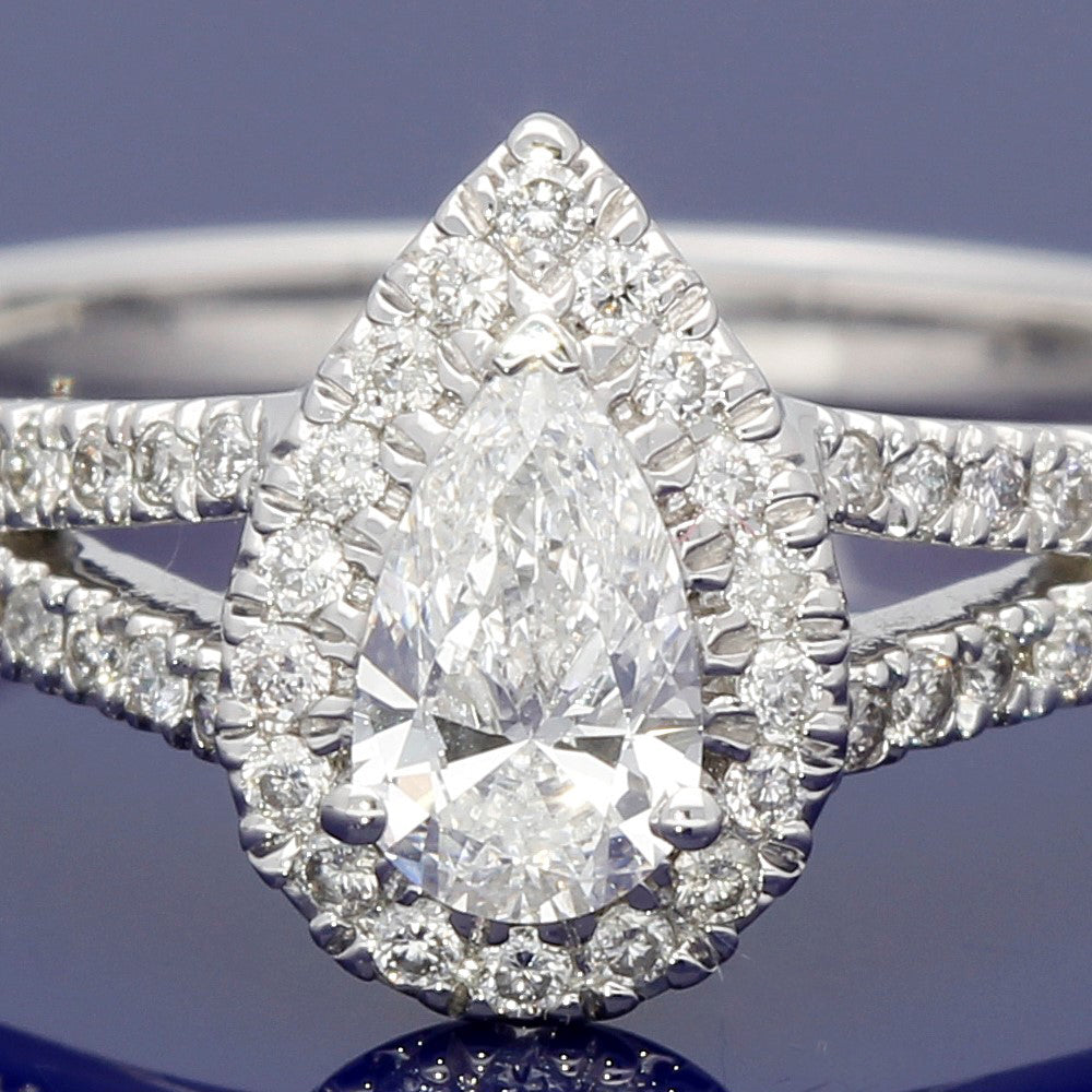 18ct White Gold Certificated Pear Cut Diamond Halo Ring