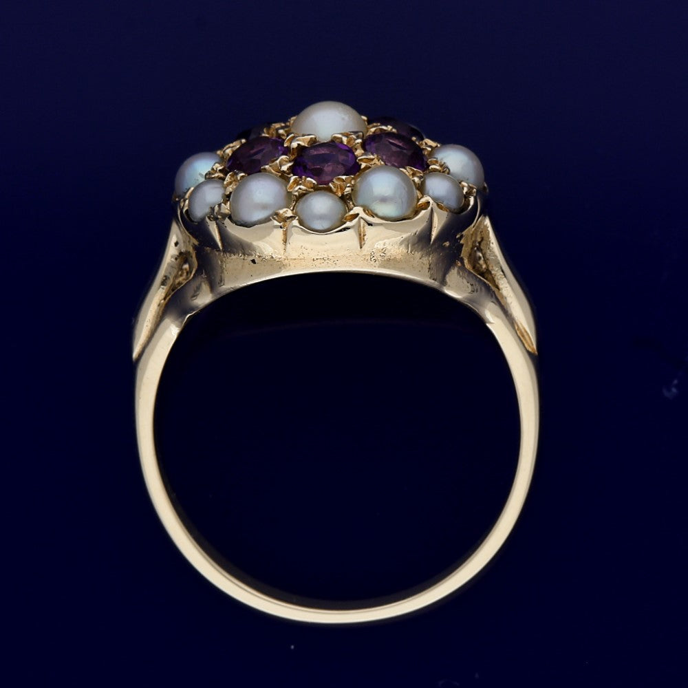 9ct Yellow Gold Amethyst and Seed Pearl Cluster Dress Ring