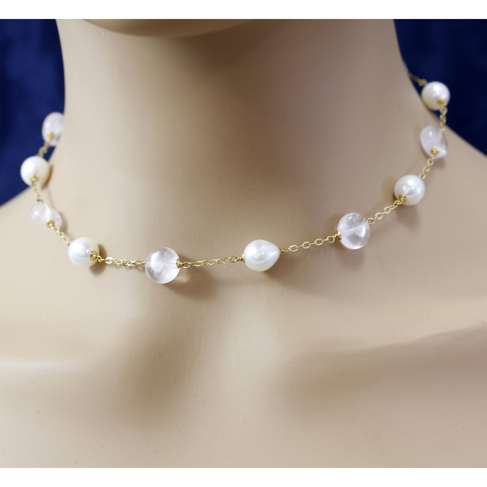 18ct Yellow Gold Freshwater Pearl & Rose Quartz Necklace
