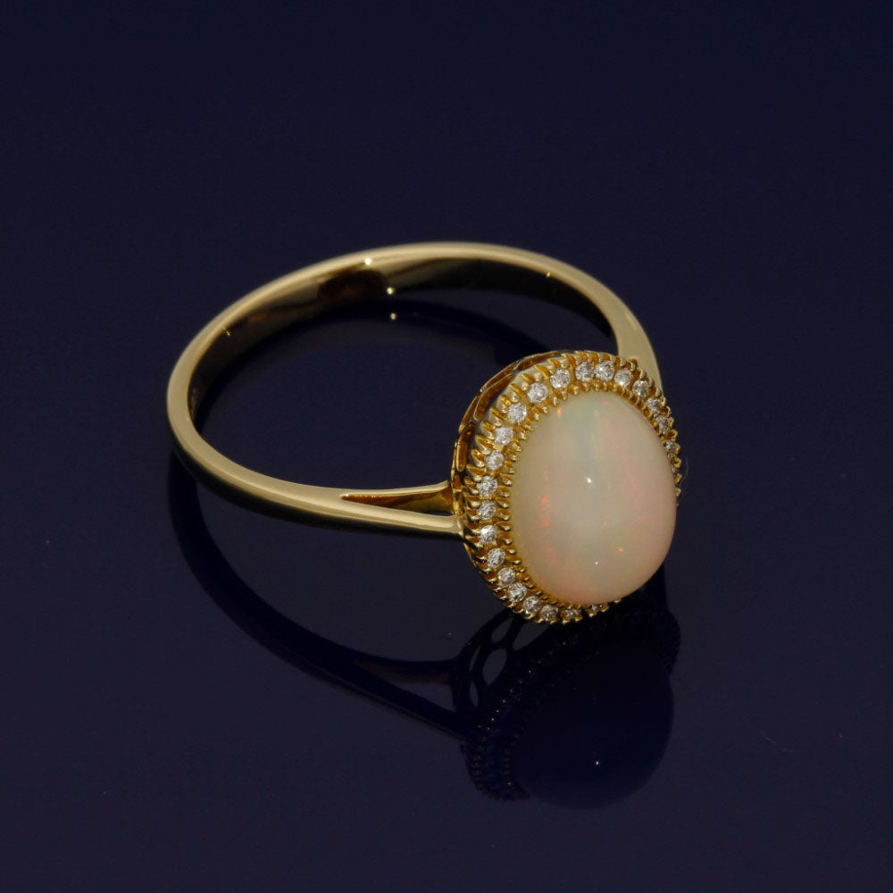 18ct Yellow Gold Oval Opal and Diamond Halo Cluster Ring
