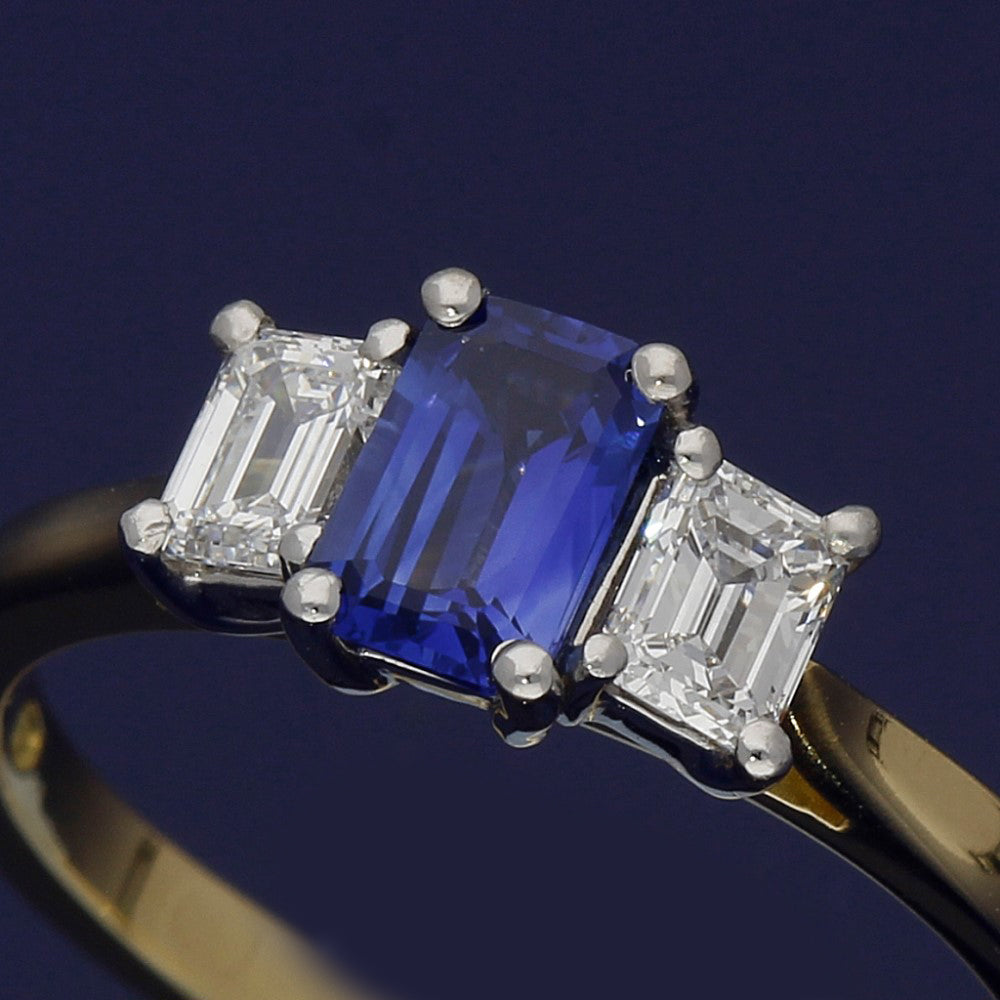 18ct Yellow Gold Emerald Cut Sapphire & Diamond Trilogy Ring