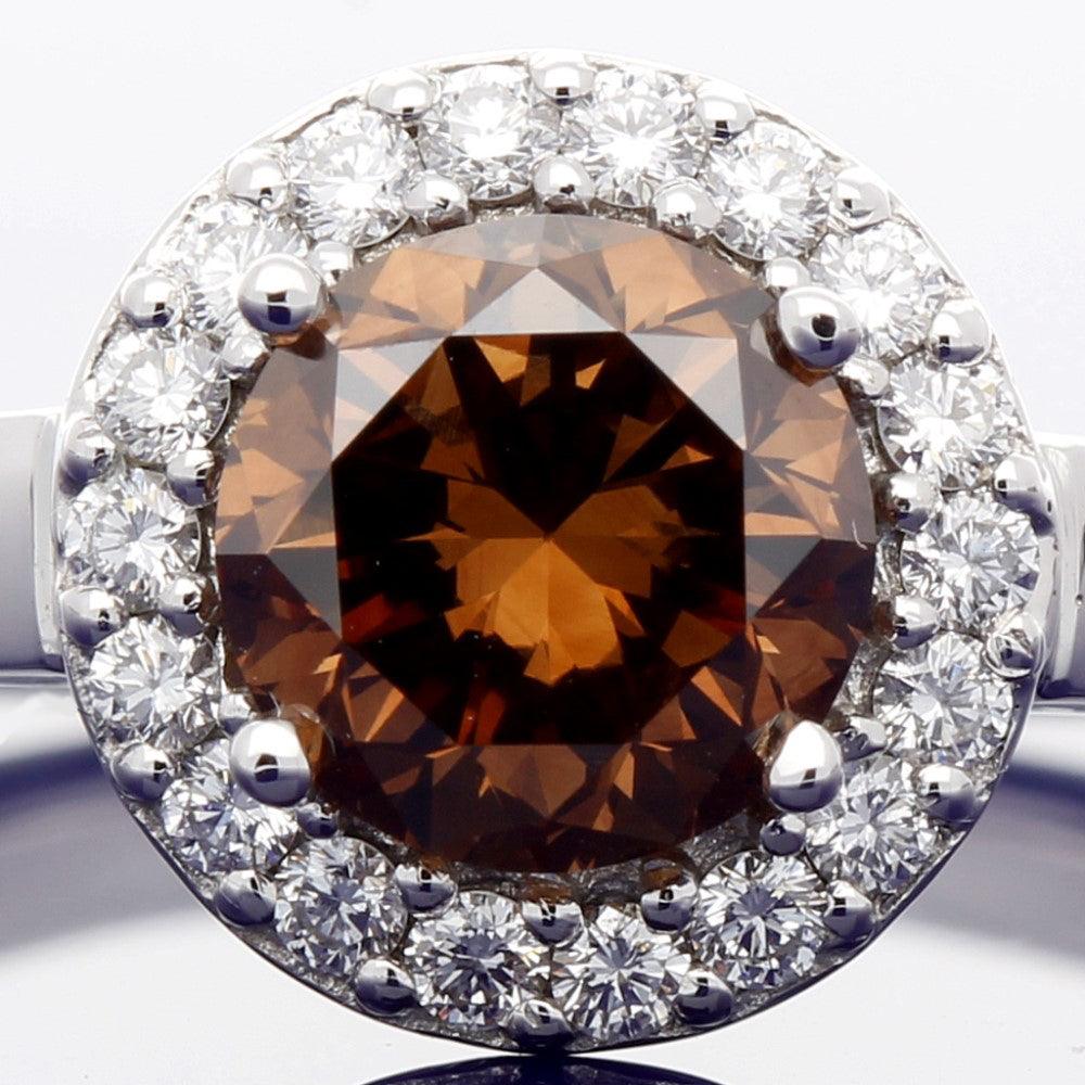 18ct White Gold Diamond Halo Ring with 1.21ct Certificated Chocolate Diamond - GoldArts