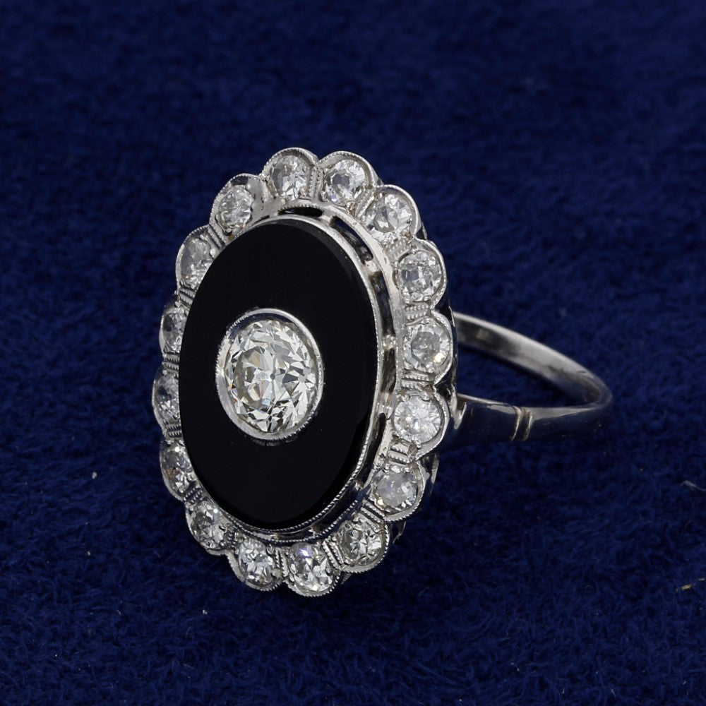 Art Deco Inspired Old Cut Diamond and Onyx Cluster Ring