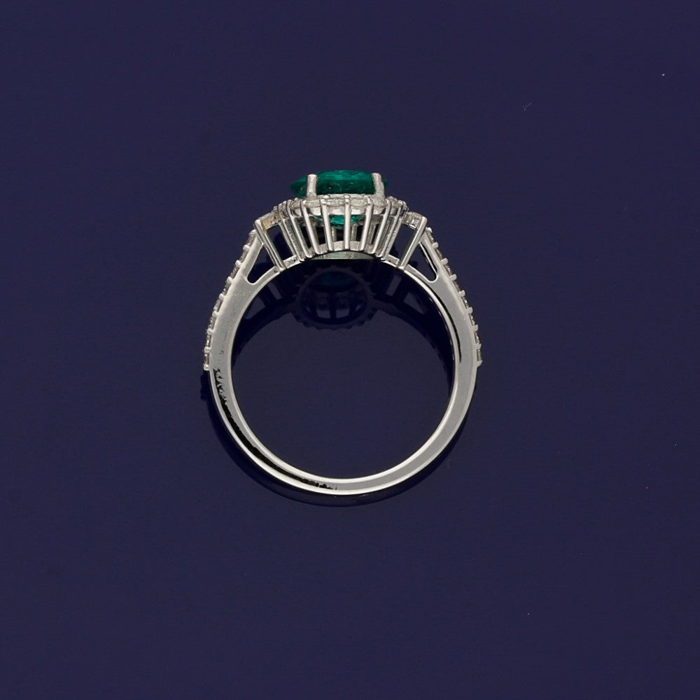 White Gold Oval Emerald and Diamond Halo Cluster Ring with Diamond Shoulders