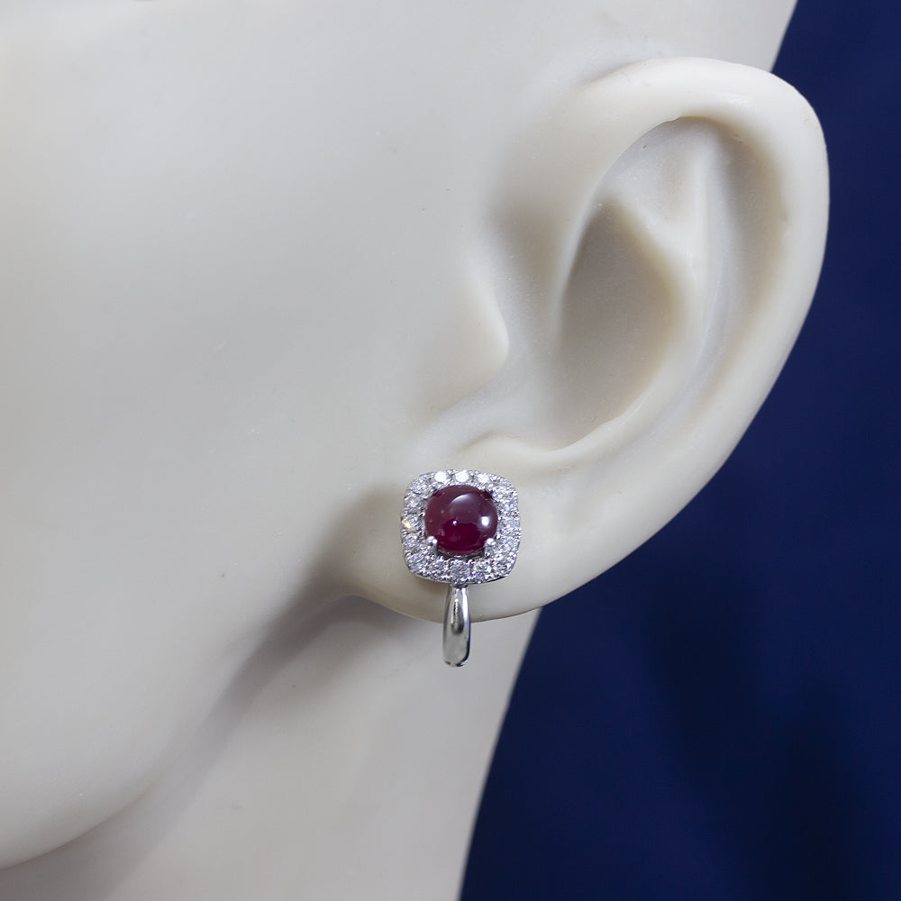 14ct White Gold Cabochon Ruby & Diamond Cluster Earrings