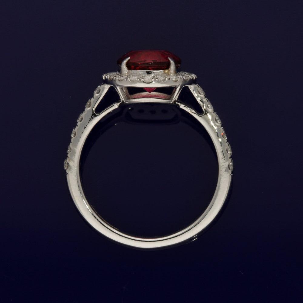 18ct White Gold Rubellite and Diamond Halo Cluster Ring with Diamond Set Shoulders - GoldArts