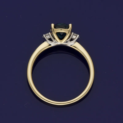 18ct Yellow Gold Teal Tourmaline & Diamond Trilogy Ring