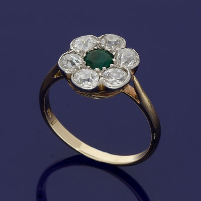 Vintage 9ct Yellow Gold Emerald and Old Cut Diamond Ring