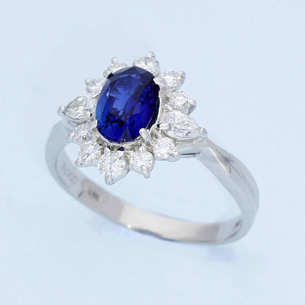 Platinum Oval Sapphire and Diamond Cluster Ring