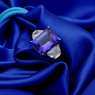 Platinum Trilogy Ring with 3.59ct Tanzanite and Trapezoid Diamond Shoulders