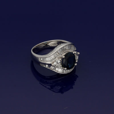 18ct White Gold Cocktail Ring with Sapphire, Baguette and Heart Shaped Diamonds