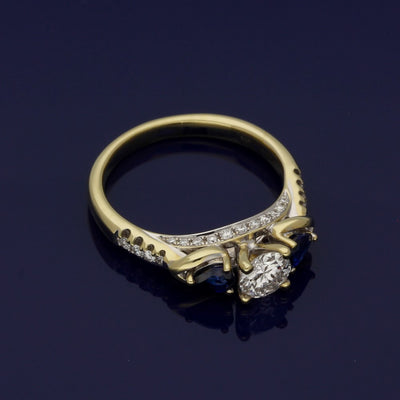18ct Yellow Gold Diamond & Teardrop Sapphire Trilogy Ring