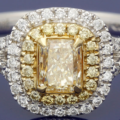 18ct White Gold Natural Yellow Diamond and White Diamond Halo Cluster Ring