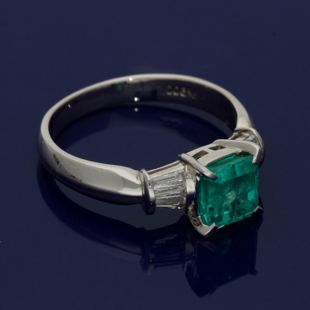 Platinum Emerald & Baguette Diamond Ring