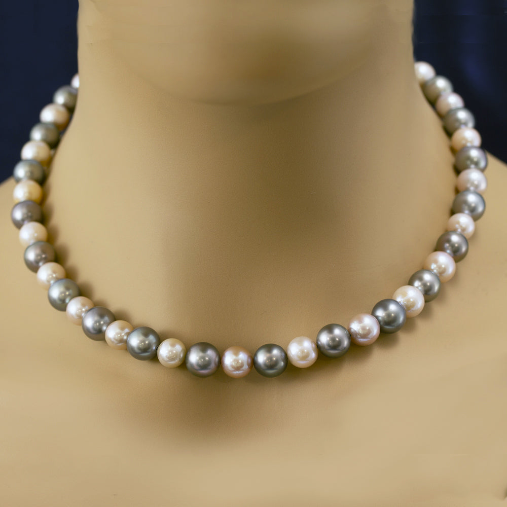 8 x 10mm Tahitian Pearl Necklace Double Strand with Diamond Flower