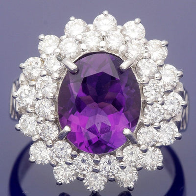 18ct White Gold Amethyst and Diamond Large Cluster Ring - GoldArts