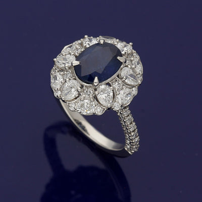 Platinum Sapphire and Fancy Cut Diamond Cluster Ring