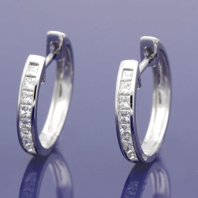 18ct White Gold Channel Set Princess Cut Diamond Hoop Earrings 14mm - GoldArts