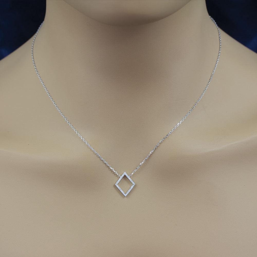 18ct White Gold Lozenge Shape Outline Diamond Pendant Necklace - GoldArts