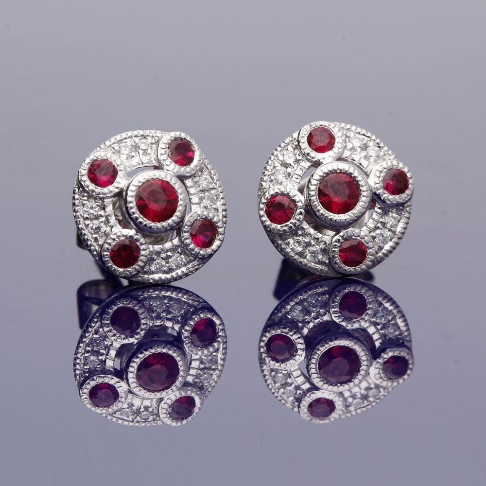 18ct White Gold Ruby and Diamond Cluster Stud Earrings - GoldArts