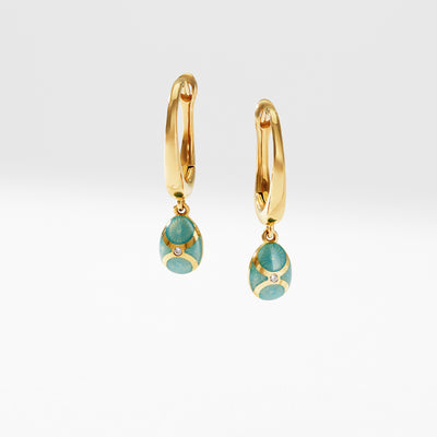 Fabergé Heritage Yellow Gold Diamond & Turquoise Guilloché Enamel Hoop Drop Earrings