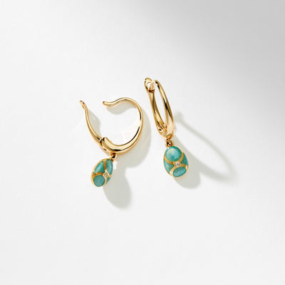 Fabergé Heritage Yellow Gold Diamond & Turquoise Guilloché Enamel Hoop Drop Earrings