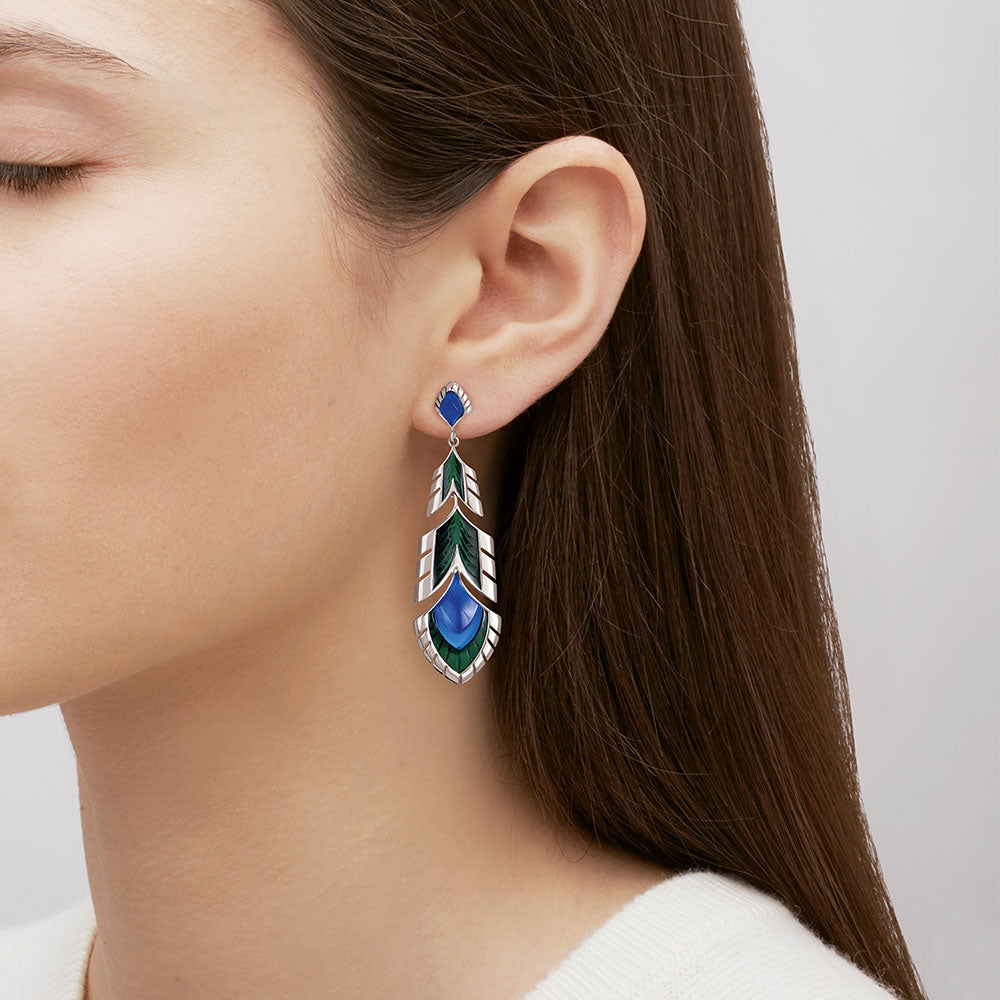 Lalique Peacock Paon Earrings - Blue Crystal, Green Lacquer & Silver 10736900