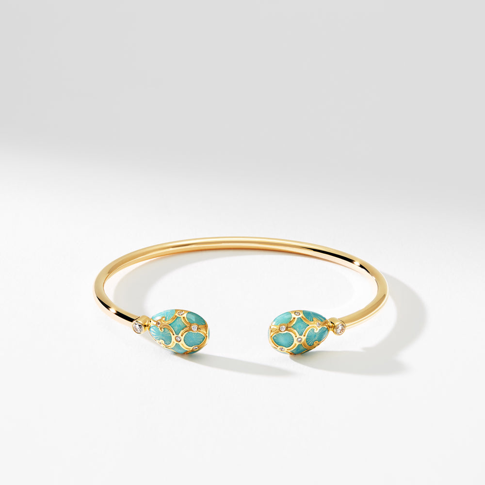 Fabergé Heritage Yellow Gold Diamond & Turquoise Guilloché Enamel Open Bracelet